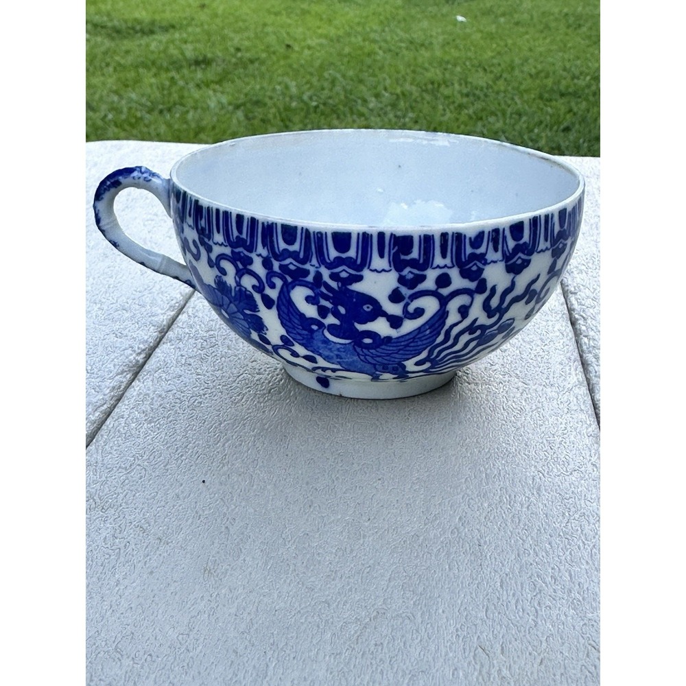 Antique Blue/White Porcelain Kiku Tea Cup Late 1800's Qing/Meiji Era Pheonix